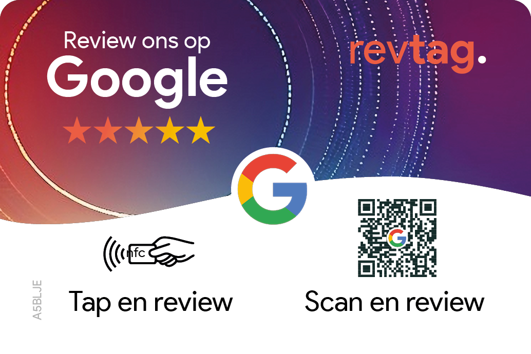 Voorbeeld van een RevTag Google-reviewkaart in een eigen huisstijl